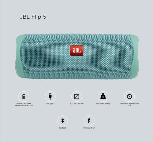 Parlante JBL Flip 5 JBLFLIP5BLUAM portátil con bluetooth waterproof teal