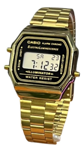 Relógio Kasio Digital Unissex Retrô Vintage Correia Dourado/preto Bisel Dourado Fundo Dourado