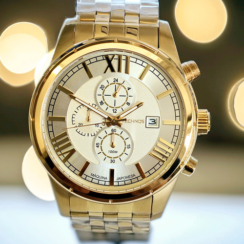 Relógio Technos Masculino Banhado A Ouro Cronógrafo Js15fw Correia Dourado Bisel Dourado Fundo Branco