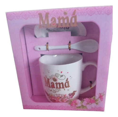 Taza Para Mamá Con Plato Y Cuchara Con Flores Y Dorado 