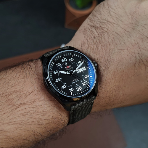 Relógio Orient Sport Air Flieger Automático Yn6pn009 P2ex Correia Verde-musgo Bisel Preto Fundo Preto