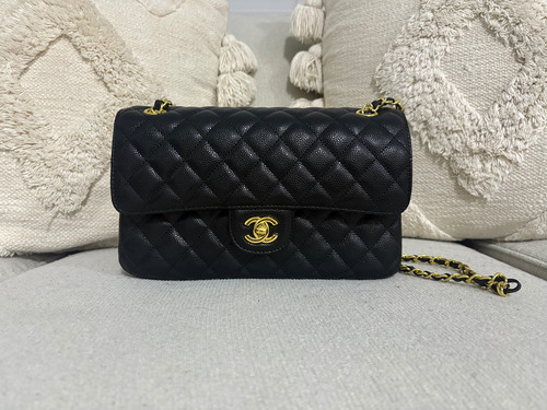 Bolsa Chanel Negra Caviar Double Flap Negro Lisa Dorado Dorado (Usado)