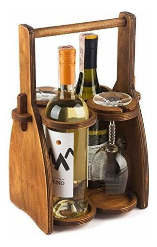 Wood Wine Bottle Glasses Caddy - Beer Carrier - Drinking De