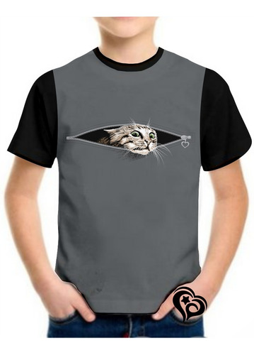 Camiseta De Gato Masculina Infantil Blusa Animal Cinza