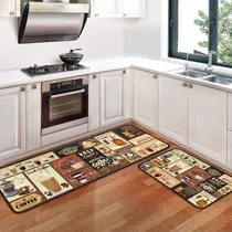 Comprar Juego De 2 Alfombras Y Tapetes De Cocina Con Temática De Café, Antideslizantes, Lavables, Color Negro, Suaves, Superabsorbentes, Antifatiga, Tapete De Cocina, Tapete De Baño, 17 X 47 Pulgadas + 17 X