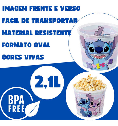 Kit Cinema Stitch Disney Balde + Copo Com Canudo 500ml