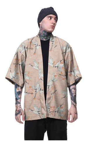 Kimono Haori Casaco Japonês Oni Cisne Floral Japão Onda Mar