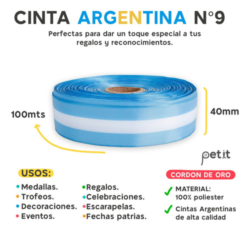 Cinta Bandera Argentina Cordon De Oro N9 40mm X100m Escolar