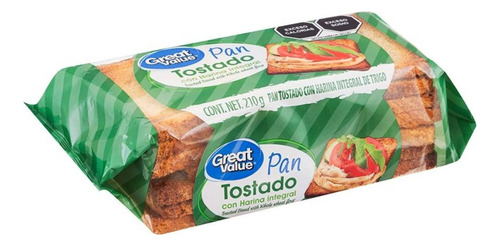 8 Pza Pan Tostado Great Value Extra Fibra 210 G