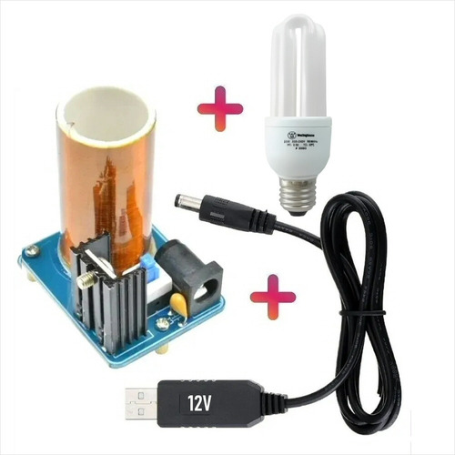 Bobina Tesla + Adaptador Usb A 12v + Ampolleta Fluorescente