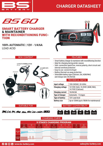 Imagen 8 de 9 de Cargador De Batería Inteligente Para Moto Bs60 12v 1/4/6a