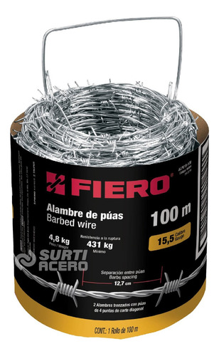 Alambre De Púas, Calibre 15,rollo De 100m, Fiero 44884