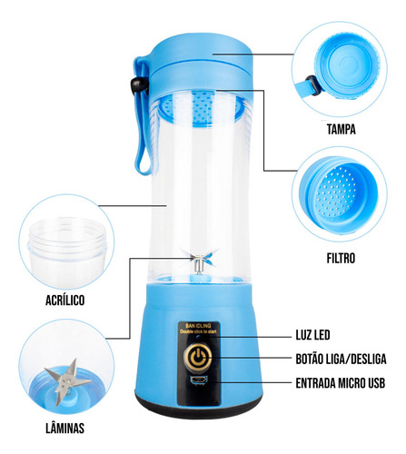 Mini Liquidificador Mixer Juice Usb Recarregável 6 Lâminas