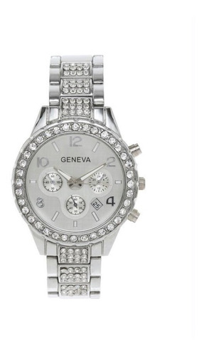 Relógio Feminino Redondo Analógico Prata Com Strass