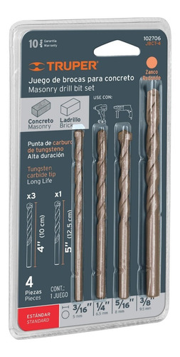 Juego De 4 Brocas Truper Jbct-4 P/concreto Punta De Carburo
