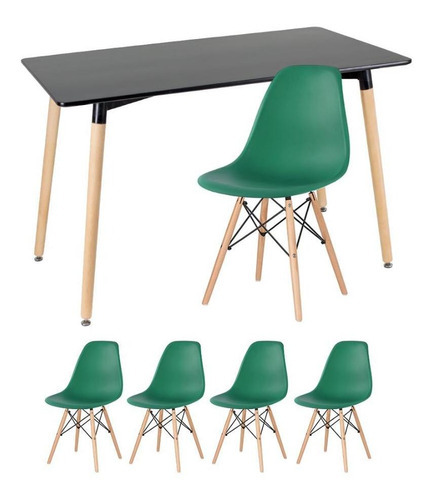 Kit Mesa Jantar Eames Retangular  4 Cadeiras Eiffel Wood Av Cor da tampa Mesa preto com cadeiras verde escuro