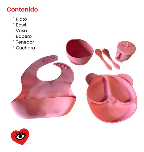 Set Rosa Alimentacion Bebe Silicona Completo Plato Vaso Bowl Liso Veoquiero
