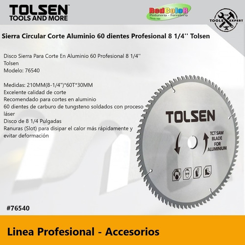 Disco Sierra P/aluminio 60 Dientes Ind. 8 1/4'' Tolsen 76540