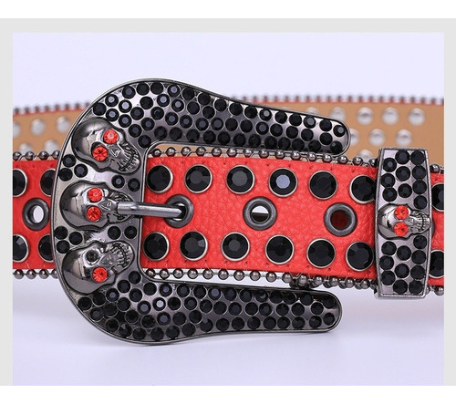 Cinturón De Diamantes Imitación Cintura Punk De Moda Cráneo Color Rojo Talla 105cm