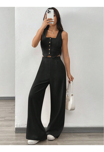Palazzo Conjunto De 2 Piezas Traje Para Mujer Chaleco Y Pant Negro M