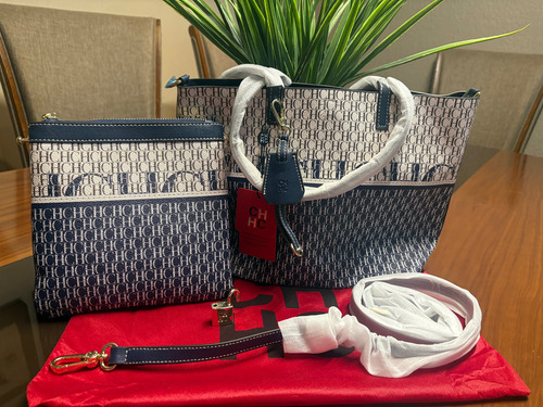 Bolso Ch, Blanco Con Azul Estampado, Nuevo Blanco Con Azul Estampado Níquel Azul