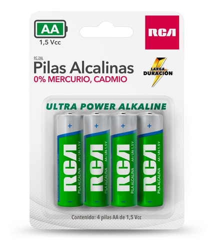 Pilas alcalina RCA doble AA 0% mercurio 4 unidades