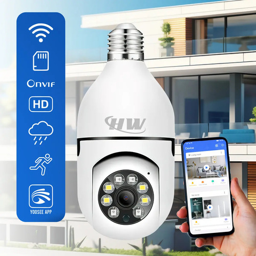 Câmera De Segurança WiFi Lâmpada E27 360° Full HD Visão Noturna, Áudio, Sensor Movimento, App Yoosee Monitoramento 24h Fácil Instalação Segurança Residencial Imagem Nítida e Com Acesso Remoto