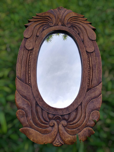 Espejo Antiguo Oval Con Marco De Madera Tallado Decorativo Marrón (Usado)