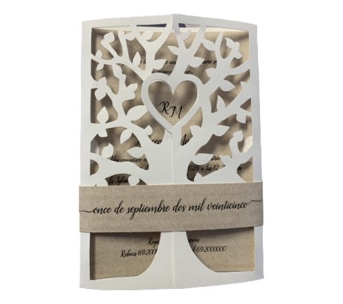 Tarjetas Invitación Árbol Troquel Cinta Manuscrita Boda 15