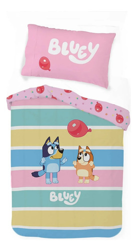 Juego Cama Individual Edredon 2 Vistas Sabanas Bluey 5pz Rosa Bluey