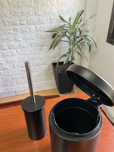 Set Baño Metal Negro Cesto 3 Litros + Escobilla Cepillo