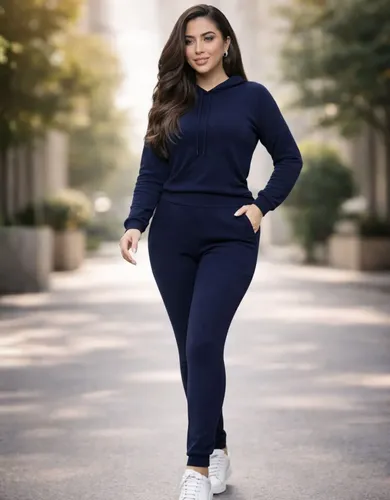 Mulher sorridente caminhando em um conjunto de moletom azul marinho com capuz e calça justa, usando tênis brancos em um ambiente externo.
