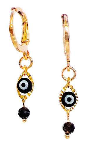 Aretes Huggies Ojo Turco Con Obsidiana Baño Oro 18k Regalo