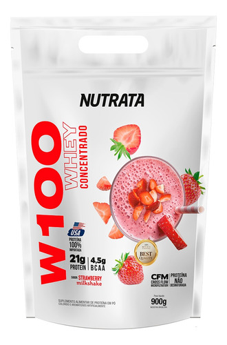 Whey Concentrado W100 900g Refil Morango Nutrata