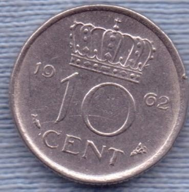 Imagen 1 de 2 de Holanda 10 Cents 1962 * Juliana I *