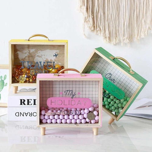 Caja Alcancía De Madera Y Vidrio Niño Niña Regalo Deco