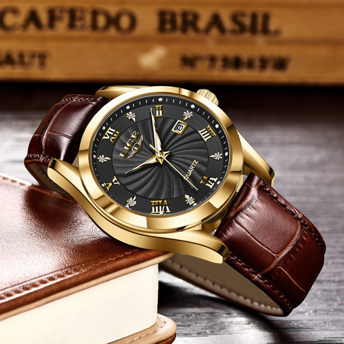 Sunkta Relojes Para Hombre Caja Oro Piel Simple Calendario