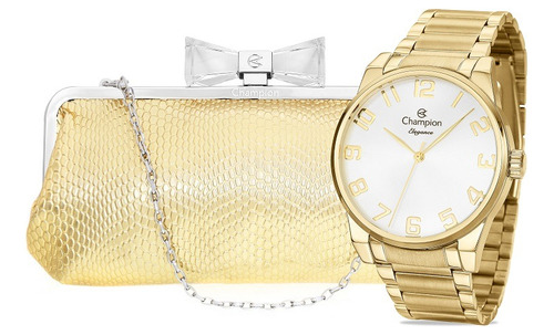 Relógio Feminino Champion Dourado Original + Bolsa Clutch Cor do fundo Branco