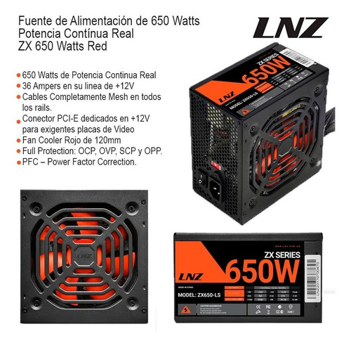 Fuente de alimentación para PC LNZ ZX Series ZX650-LS 650W negra 115V/230V