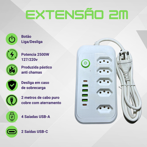Extensão 5 Tomadas E 4 Usb 1 Pd Led Bivolt Power 110v/220v