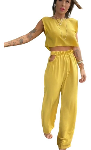 Conjunto Amarelo Selena Cropped + Calça Anna Torquato