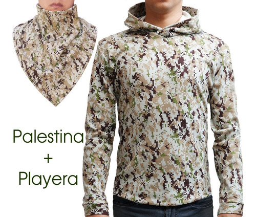 Playera Manga Larga Con Gorro Duo Palestina Pixel Camuflaje 