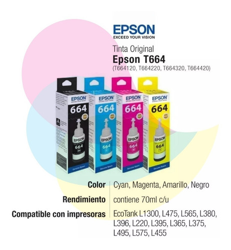 Imagen 2 de 6 de Tinta Epson T664 Original Cmyk 4u L475 L495 L220 L395 L365