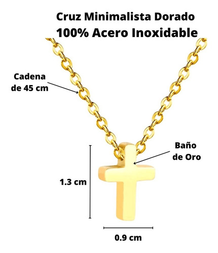 Imagen 2 de 6 de Collar Mujer Dije Cruz Minimalista Acero Inoxidable Dorado