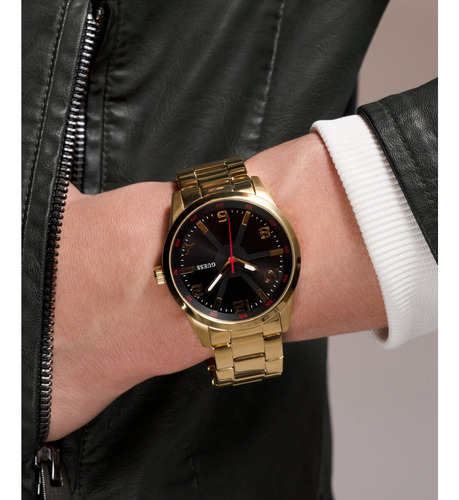 Reloj Caballero Guess Monte Acero Inoxidable Correa Dorado Bisel Dorado Fondo Negro