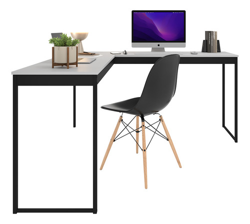 Mesa De Canto Em L Branco Com Ripas Preto Para Home Office/ Escritório Estrutura Em Ferro E Design Industrial