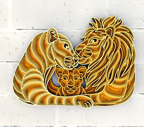 Cuadro Decorativo Leones Animal Familia Colorido Madera