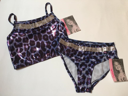 Traje De Baño Para Niña Bikini Talla 6 Azul Metalico Leopard