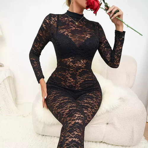 Conjunto De Pijama Sexy, Mono De Encaje Transparente Con