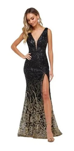Vestido negro con lentejuelas doradas hot sale